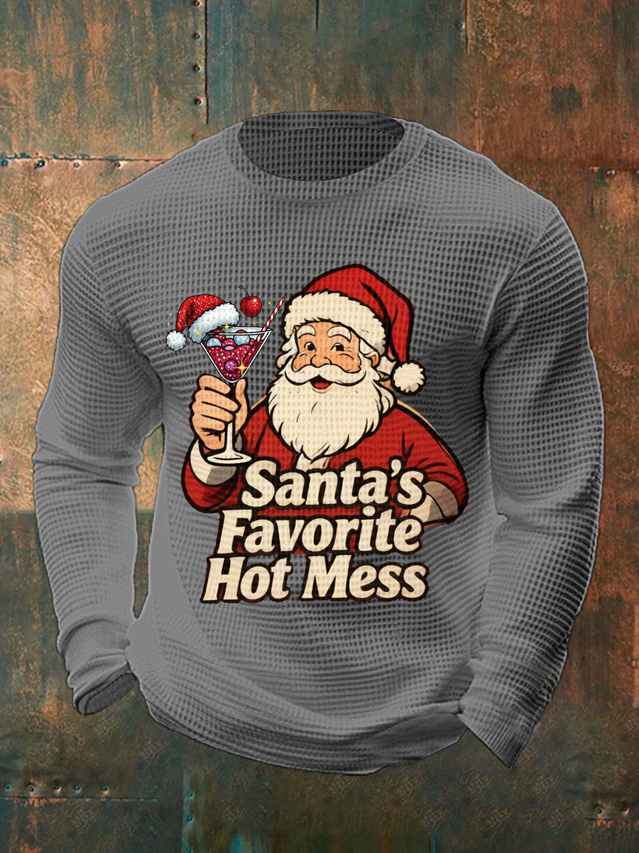 Drôle de Noël préféré des hommes de Santa Hot Mess Casual Waffle à manches longues Top
