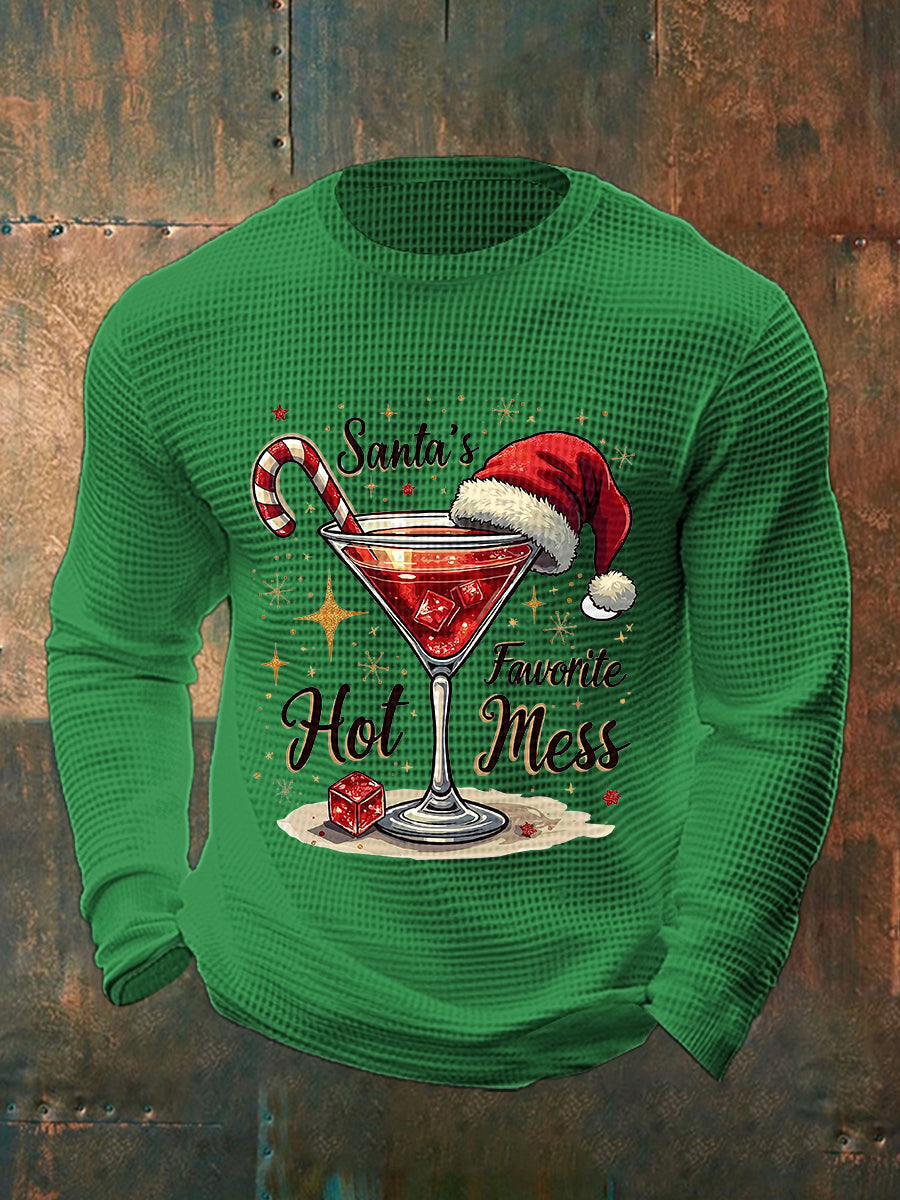 Drôle de Noël préféré des hommes de Santa Hot Mess Casual Waffle à manches longues Top