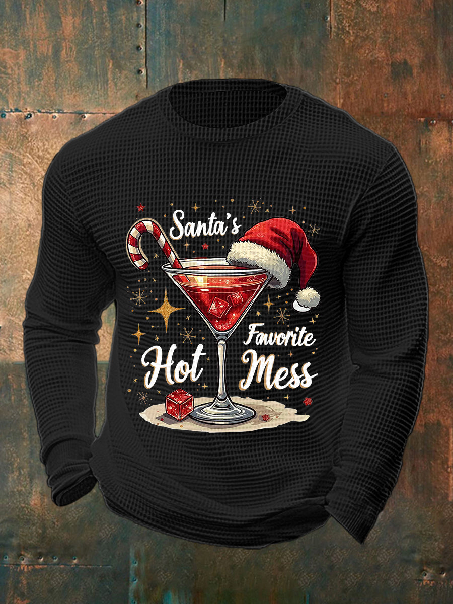 Drôle de Noël préféré des hommes de Santa Hot Mess Casual Waffle à manches longues Top