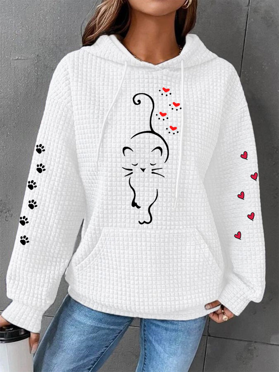 Coeurs de patte de chat mignon femmes Imprimer Cat Lovers Casual Waffle Hoodie