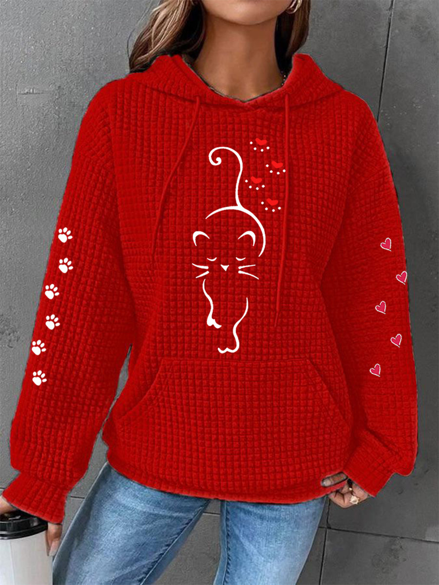 Coeurs de patte de chat mignon femmes Imprimer Cat Lovers Casual Waffle Hoodie