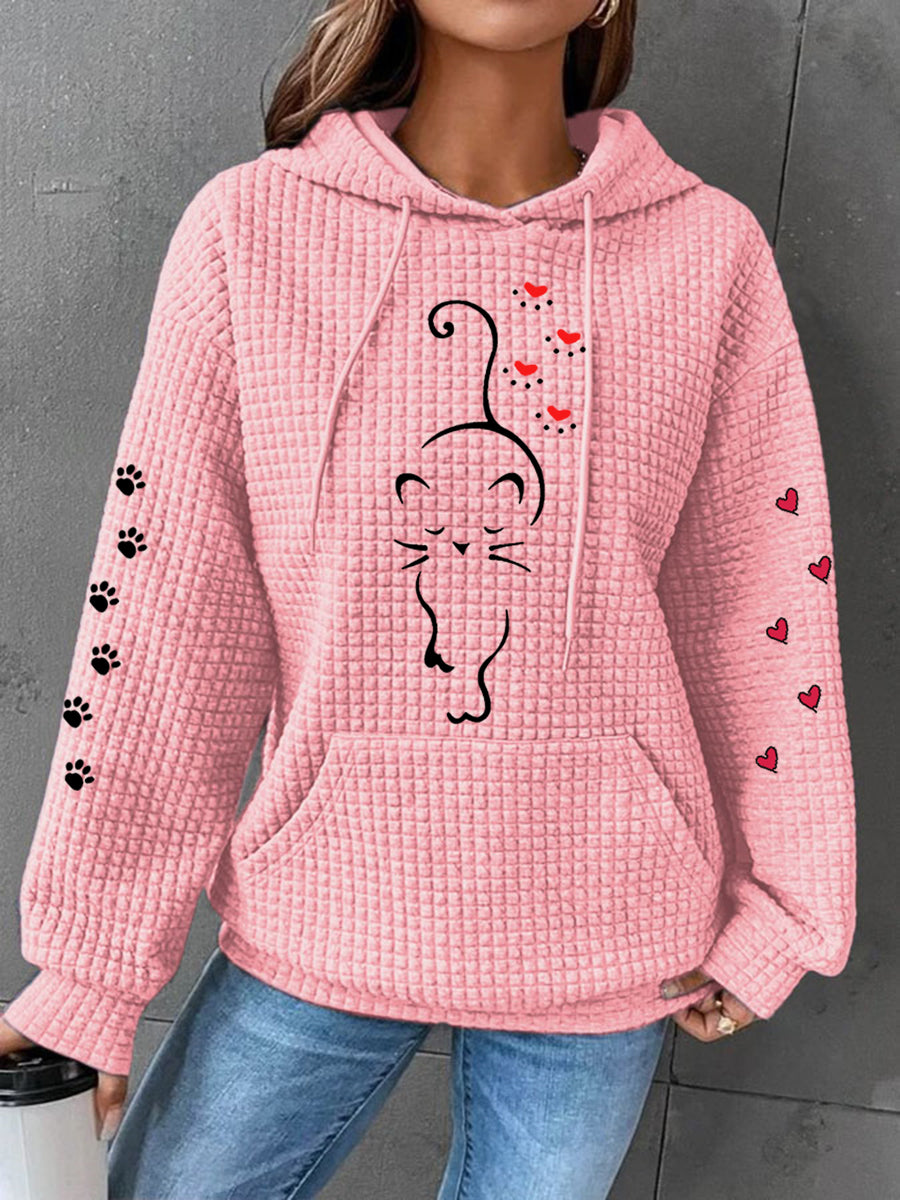 Coeurs de patte de chat mignon femmes Imprimer Cat Lovers Casual Waffle Hoodie