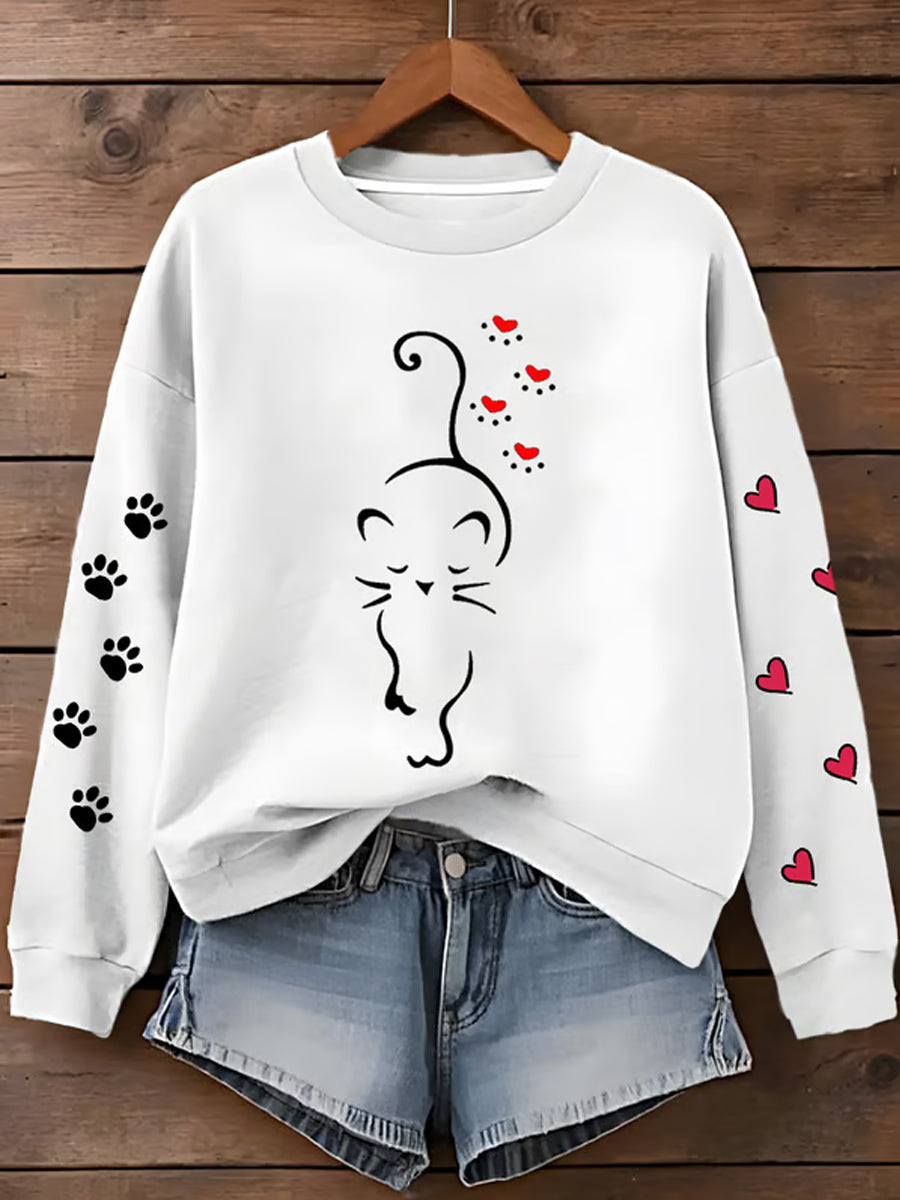 Femmes Mignon Chat Patte Coeurs Imprimer Cat Lovers Casual Sweatshirt