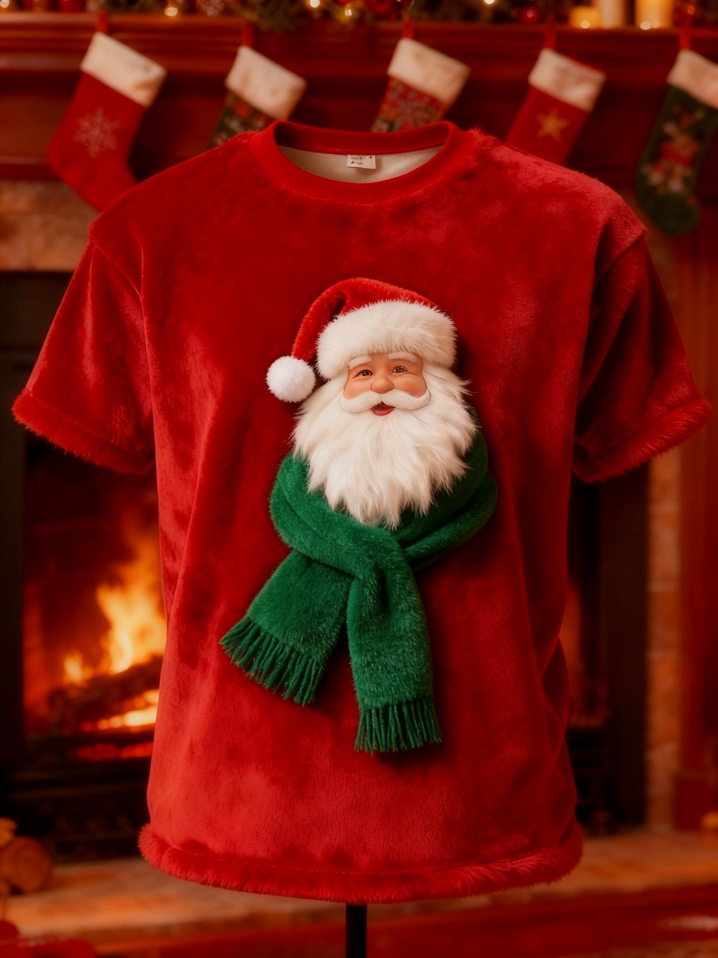 Noël Vintage Santa Claus écharpe impression en peluche T-shirt à manches courtes