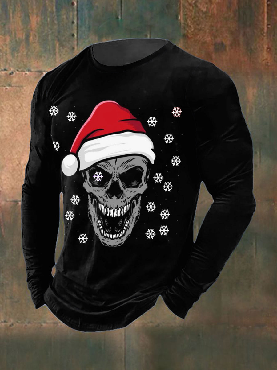 T-shirt à col rond à manches longues imprimé gothique de Noël pour hommes