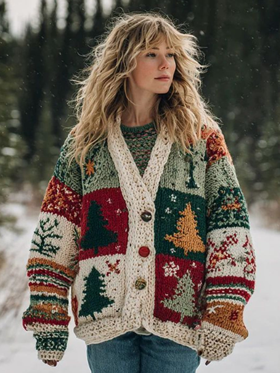 Les femmes's Christmas Tree Patchwork Contrasting Couleur Boutons Pull Cardigan