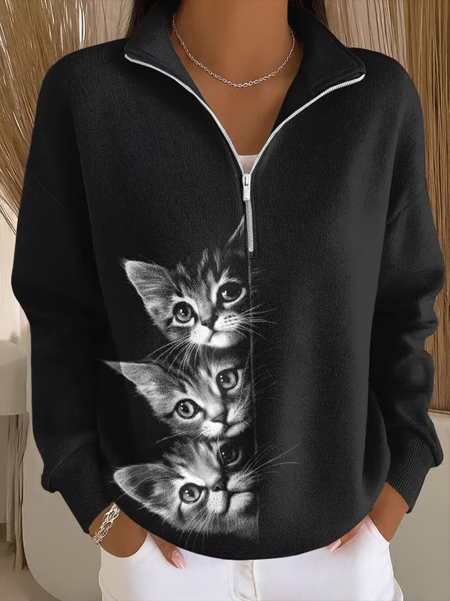 Sweat-shirt décontracté pour femmes avec chat imprimé chat mignon