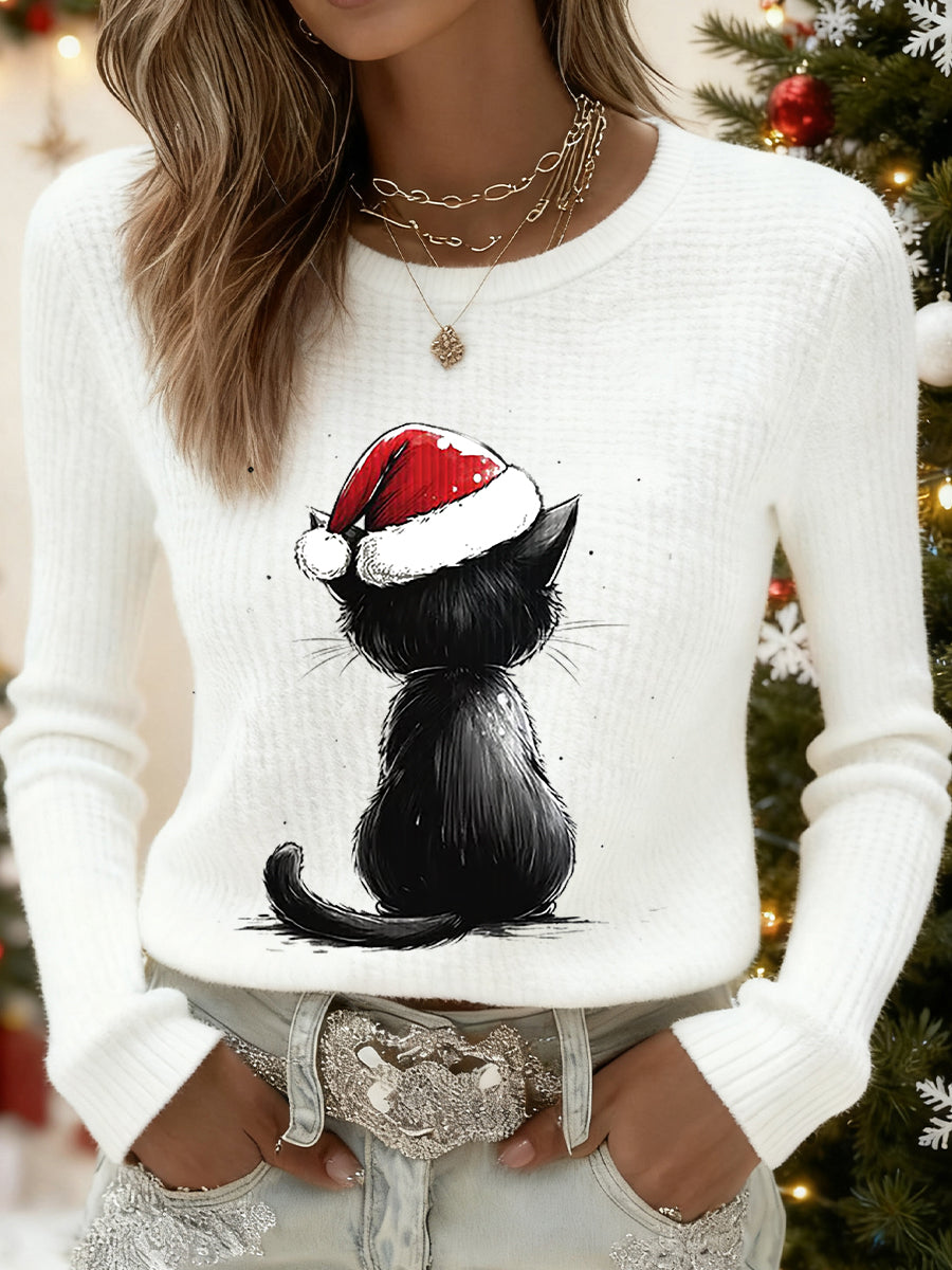 Femmes Mignon Noël Chat Imprimé Chat Amoureux Décontracté À Manches Longues Waffle Top