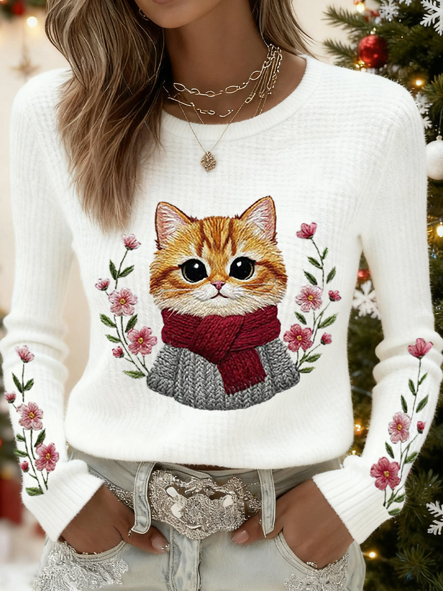 Femmes Mignon Chat Imprimé Chat Amoureux Décontracté à Manches Longues Waffle Top