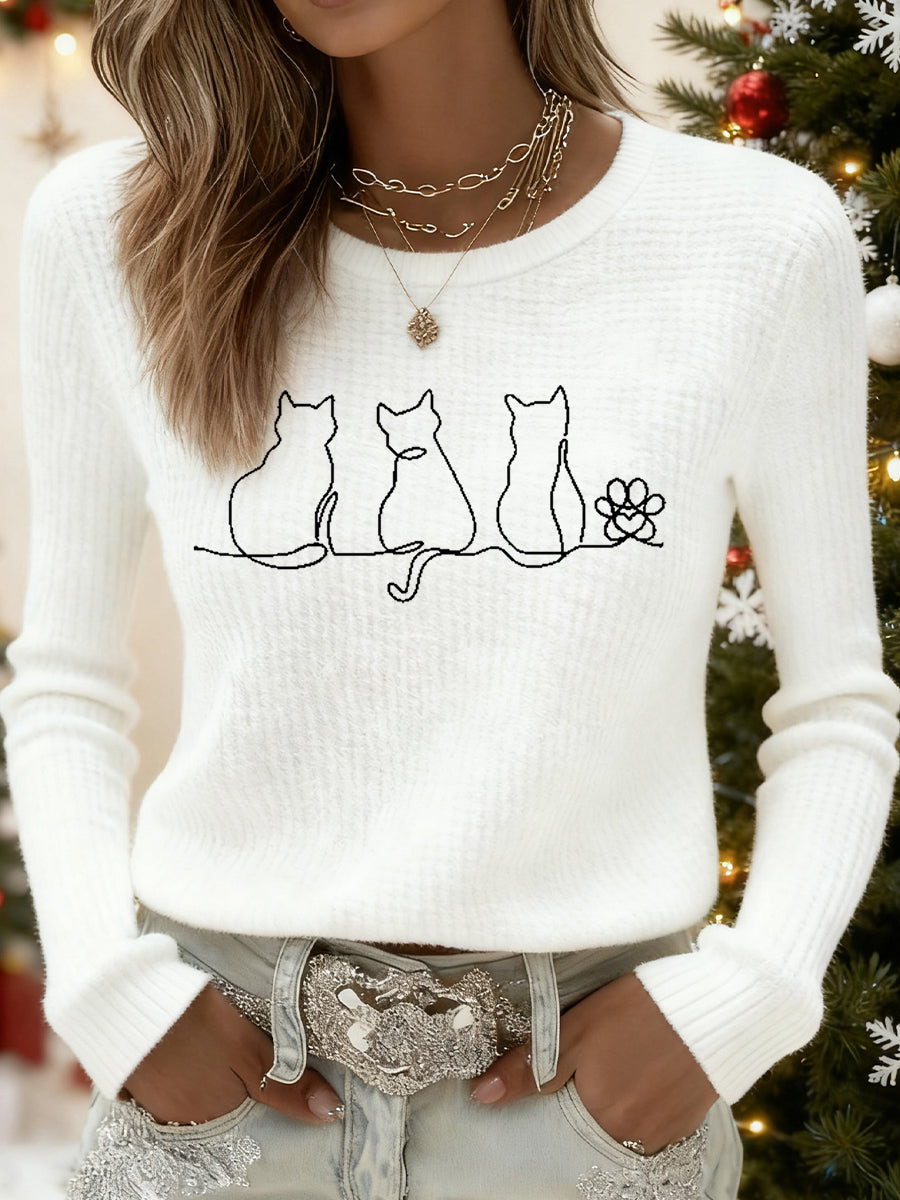 Femmes Mignon Chat Imprimé Chat Amoureux Décontracté à Manches Longues Waffle Top