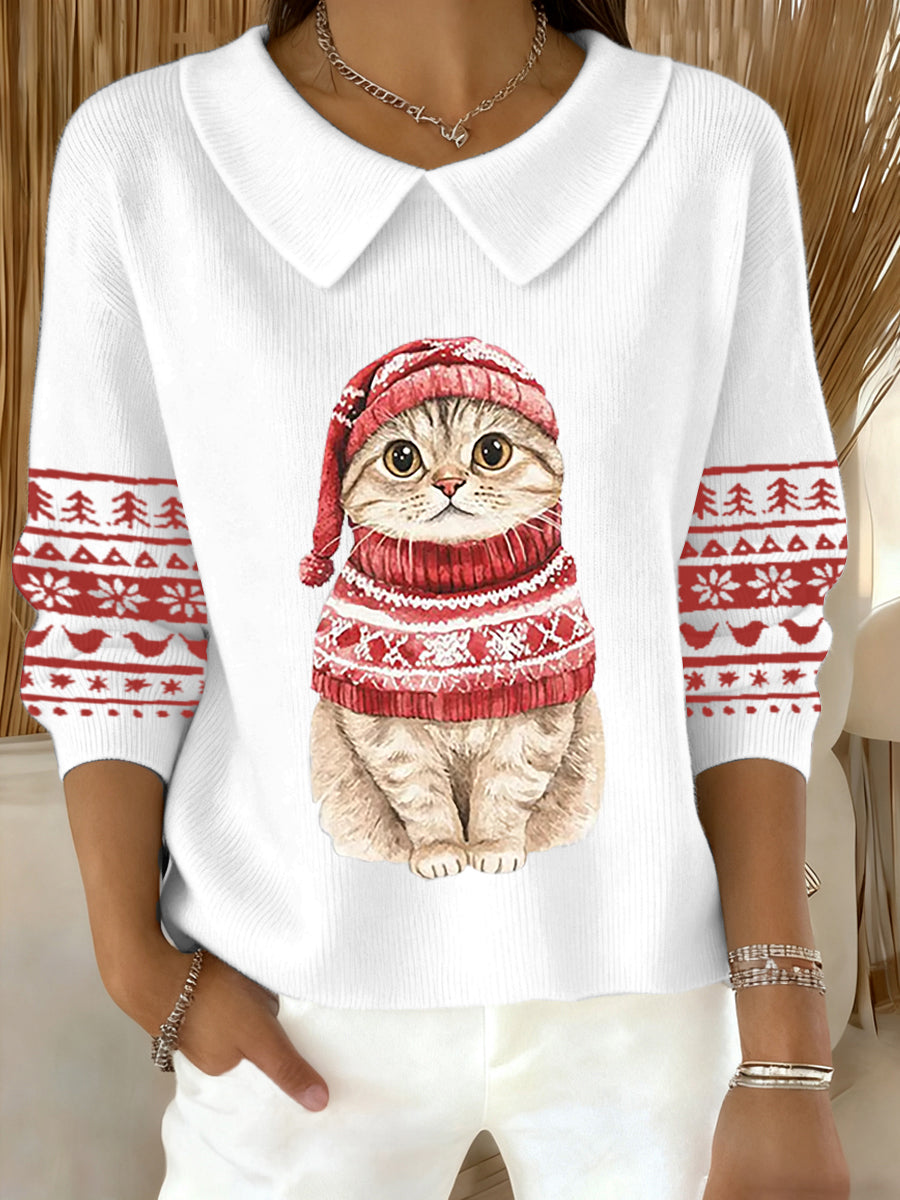 Femmes Mignon de Noël Chat Imprimé Chat Amoureux Casual Bébé Poupée Col Haut