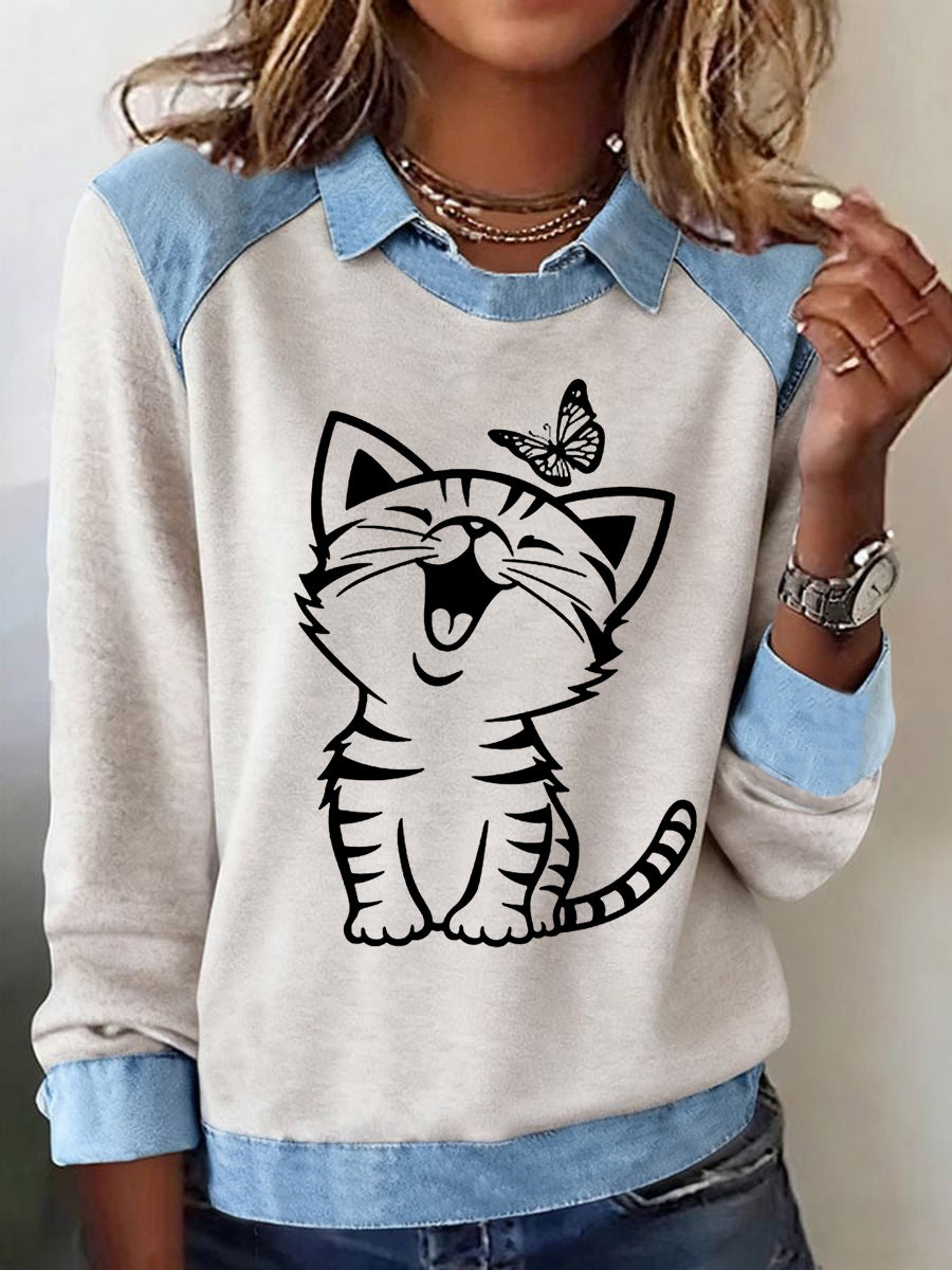 Sweat-shirt décontracté pour femmes avec chat imprimé chat mignon