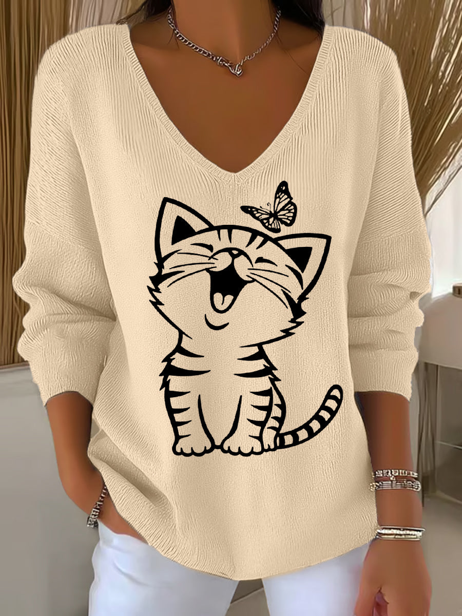 Top Décontracté Imprimé Chat Mignon Femme à Manches Longues
