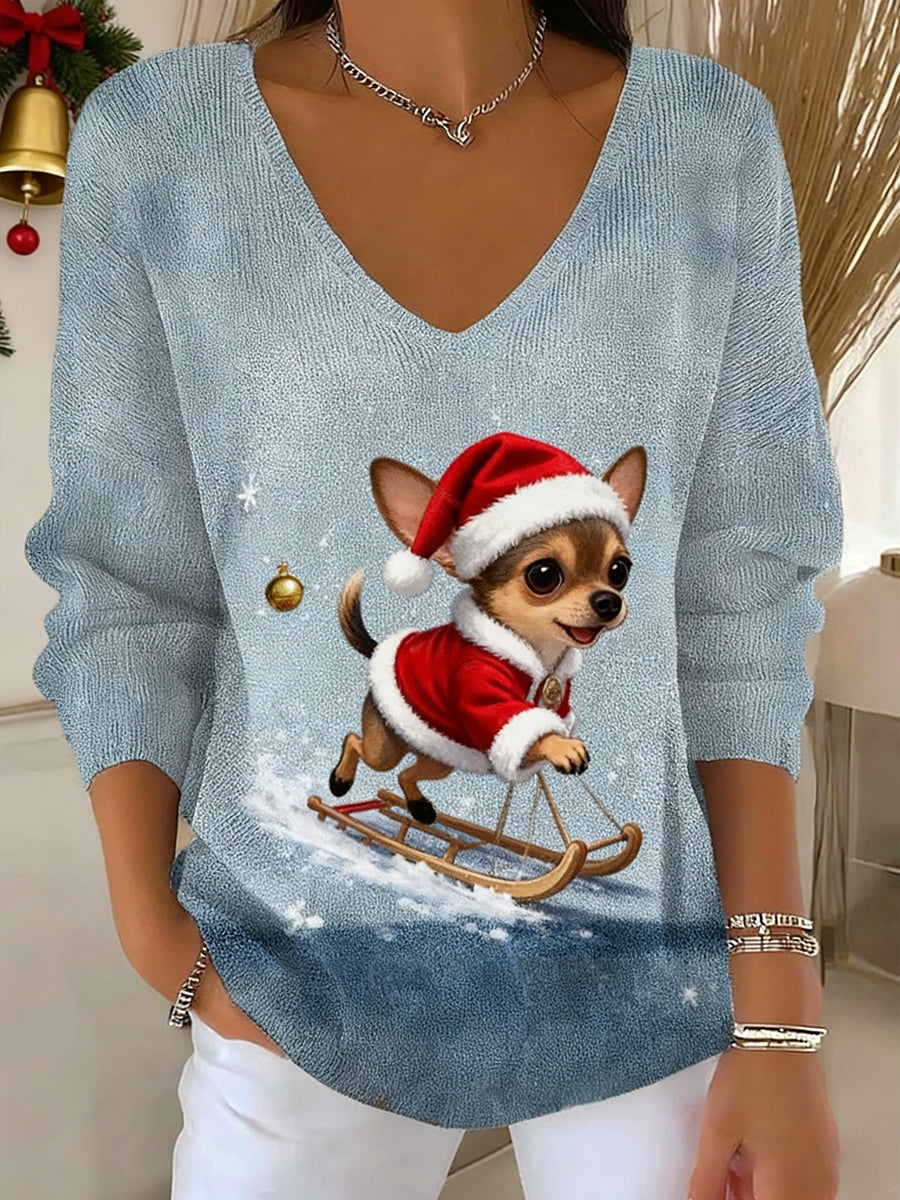 Top décontracté à manches longues imprimé animal de Noël vintage pour femmes