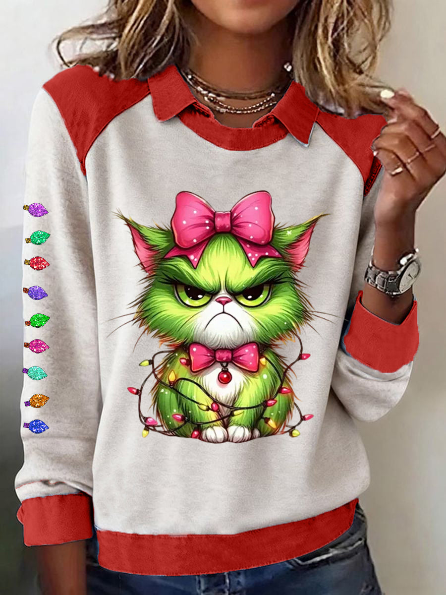 Funny Christmas Grinch Cat Print Sweatshirt Femme