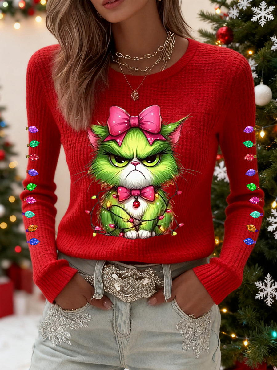 Funny Christmas Grinch Cat Print Waffle Top décontracté pour femmes