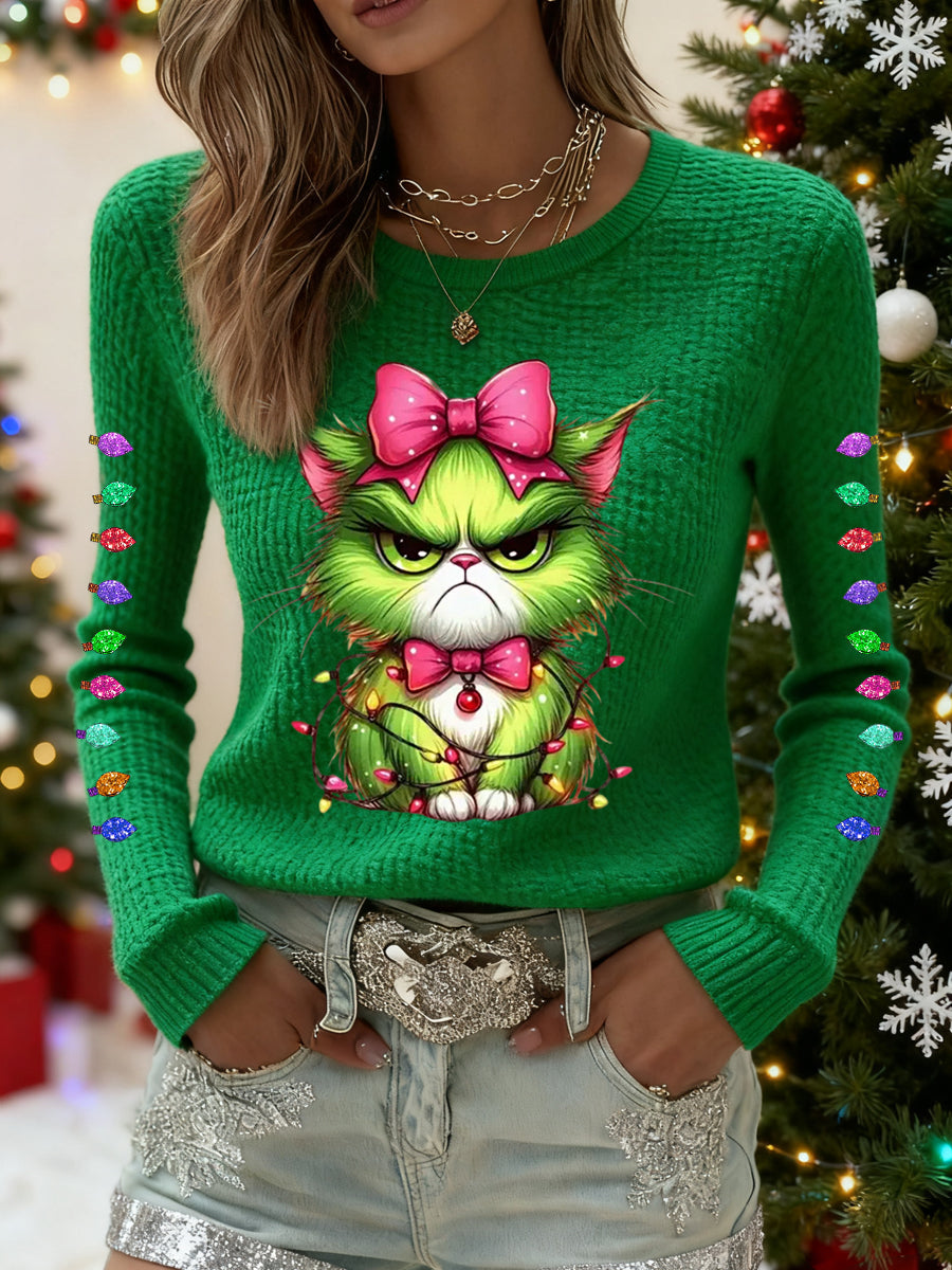 Funny Christmas Grinch Cat Print Waffle Top décontracté pour femmes