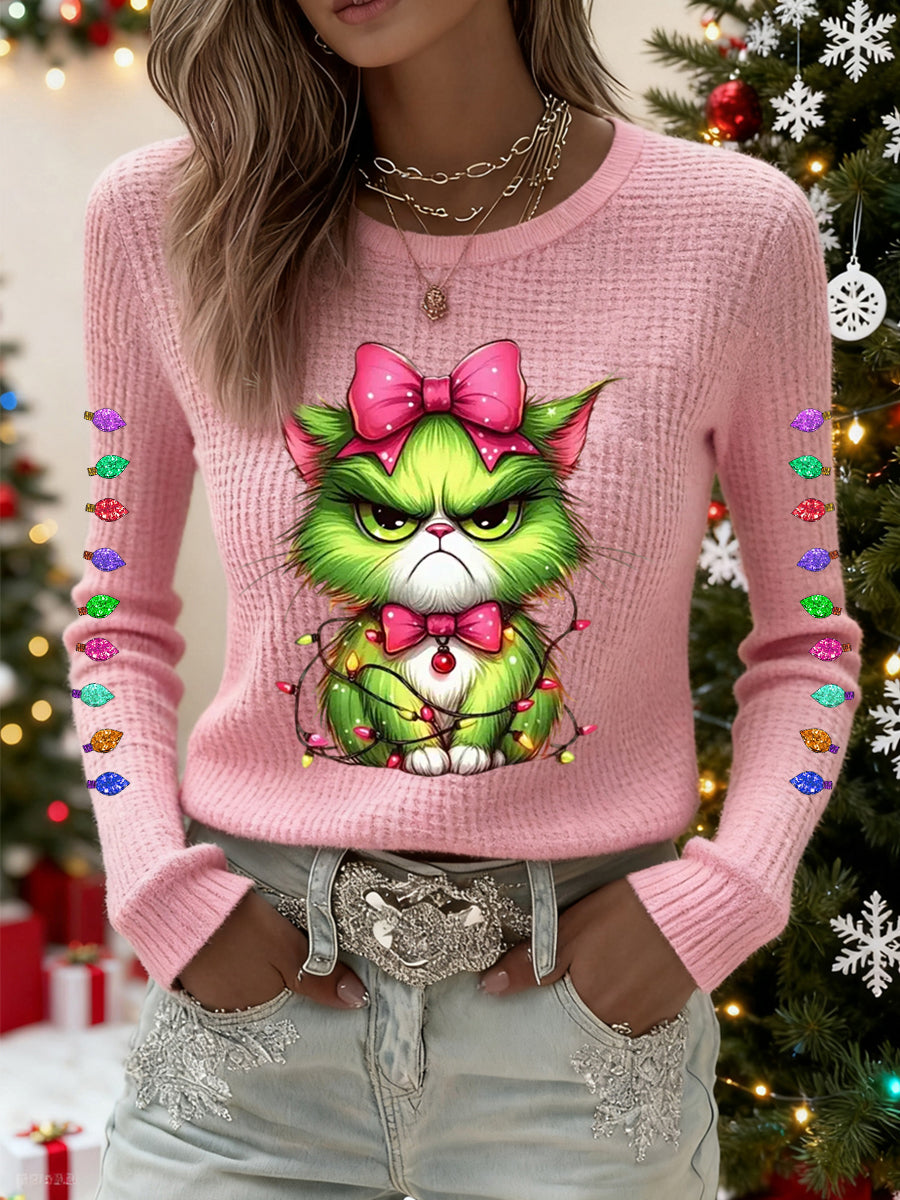 Funny Christmas Grinch Cat Print Waffle Top décontracté pour femmes