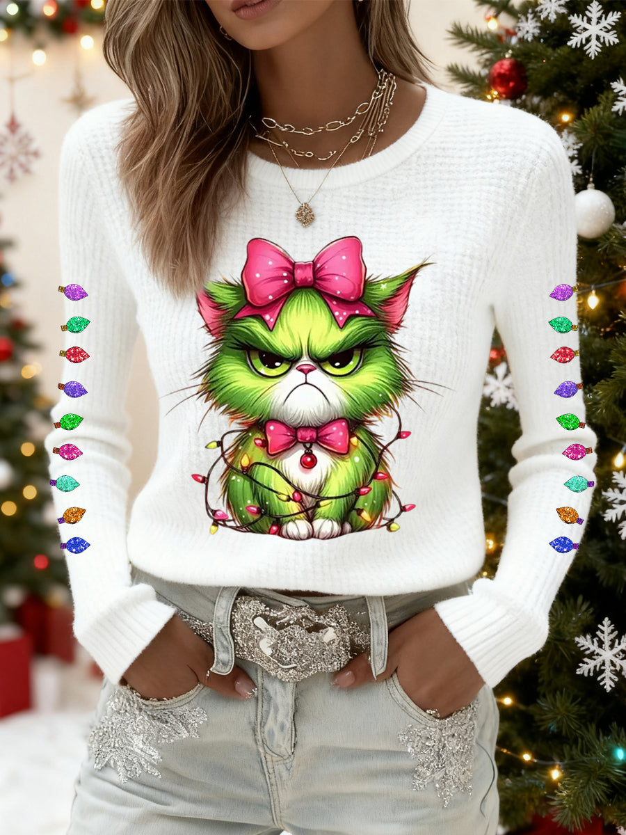 Funny Christmas Grinch Cat Print Waffle Top décontracté pour femmes