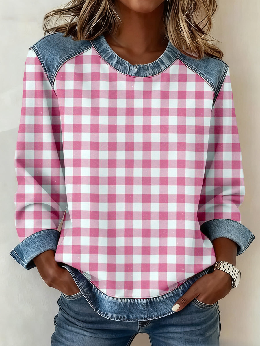 Femmes Simple Plaid Motif Denim Patchwork Sweatshirt