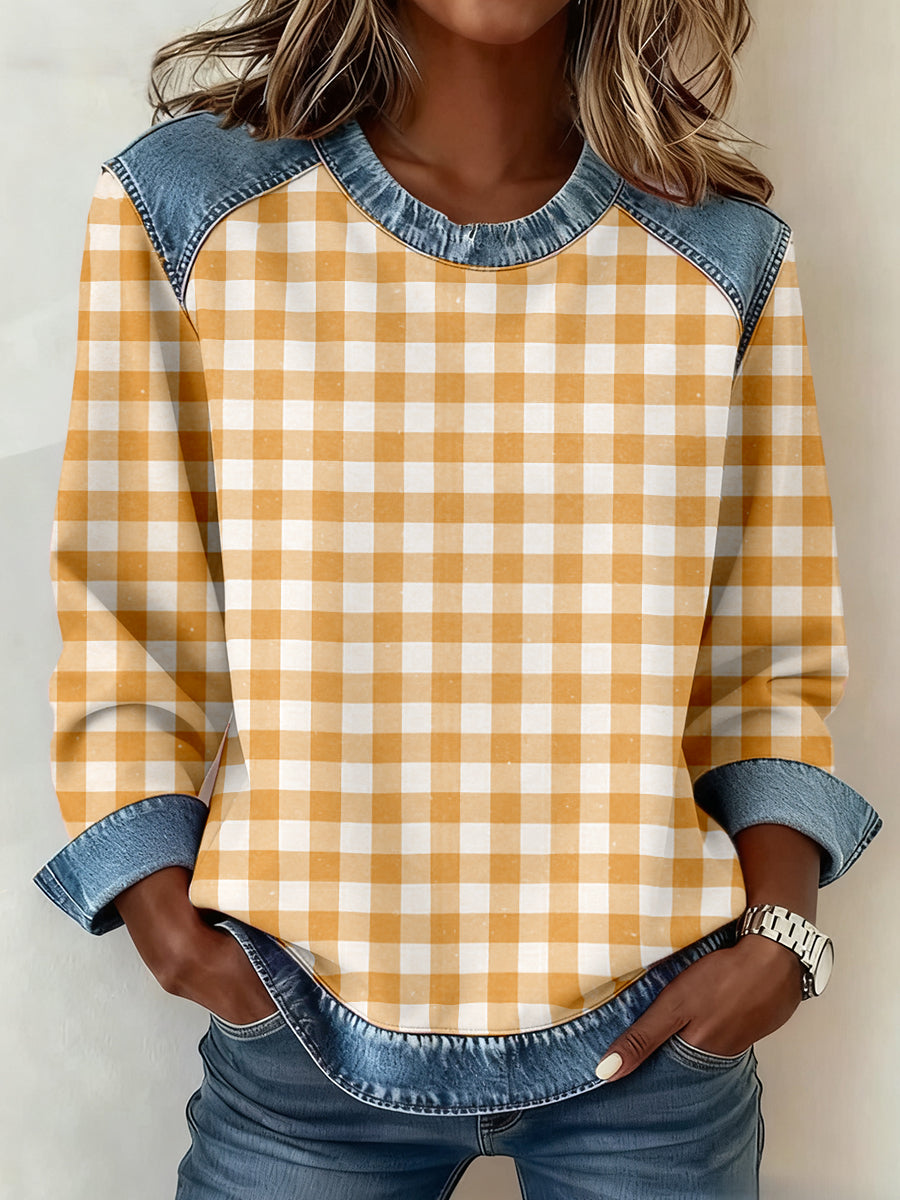 Femmes Simple Plaid Motif Denim Patchwork Sweatshirt