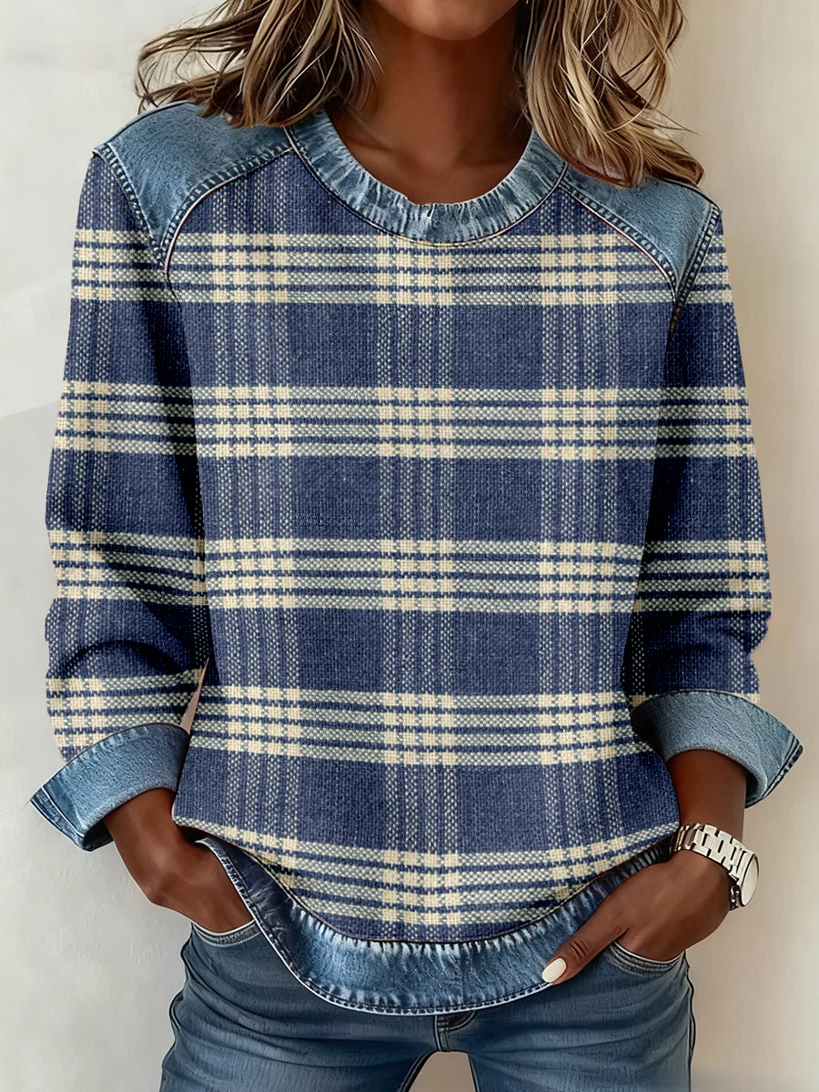 Vintage Plaid Pattern Denim Patchwork Sweatshirt Femme