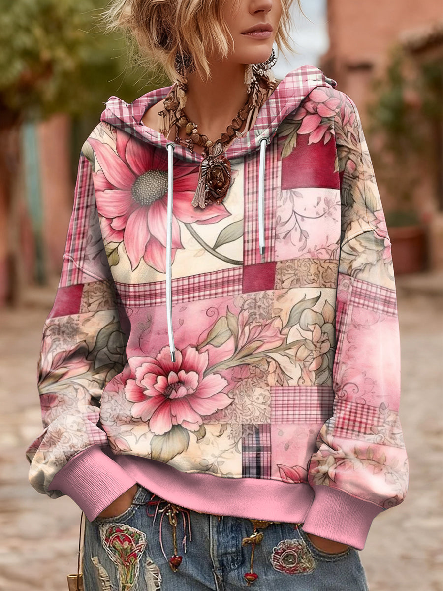 Sweat-shirt à capuche surdimensionné Floral Vintage Femme