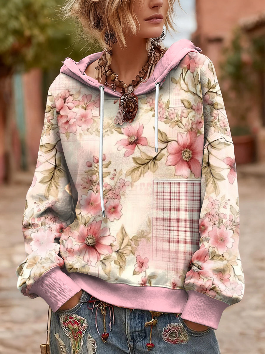 Sweat-shirt à capuche surdimensionné à fleurs vintage rose clair pour femme