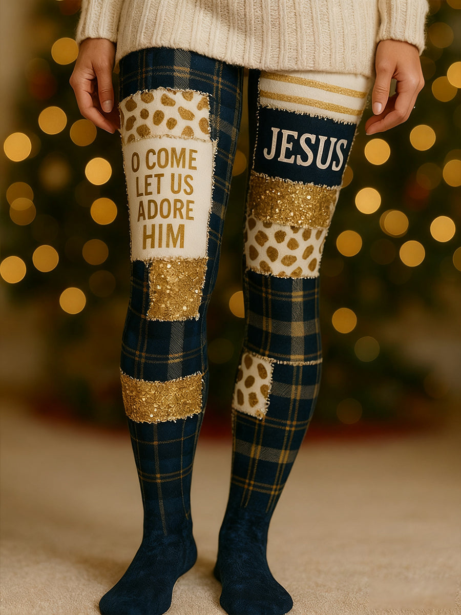 Femmes de Noël Christian Cross Plaid Imprimé Leggings
