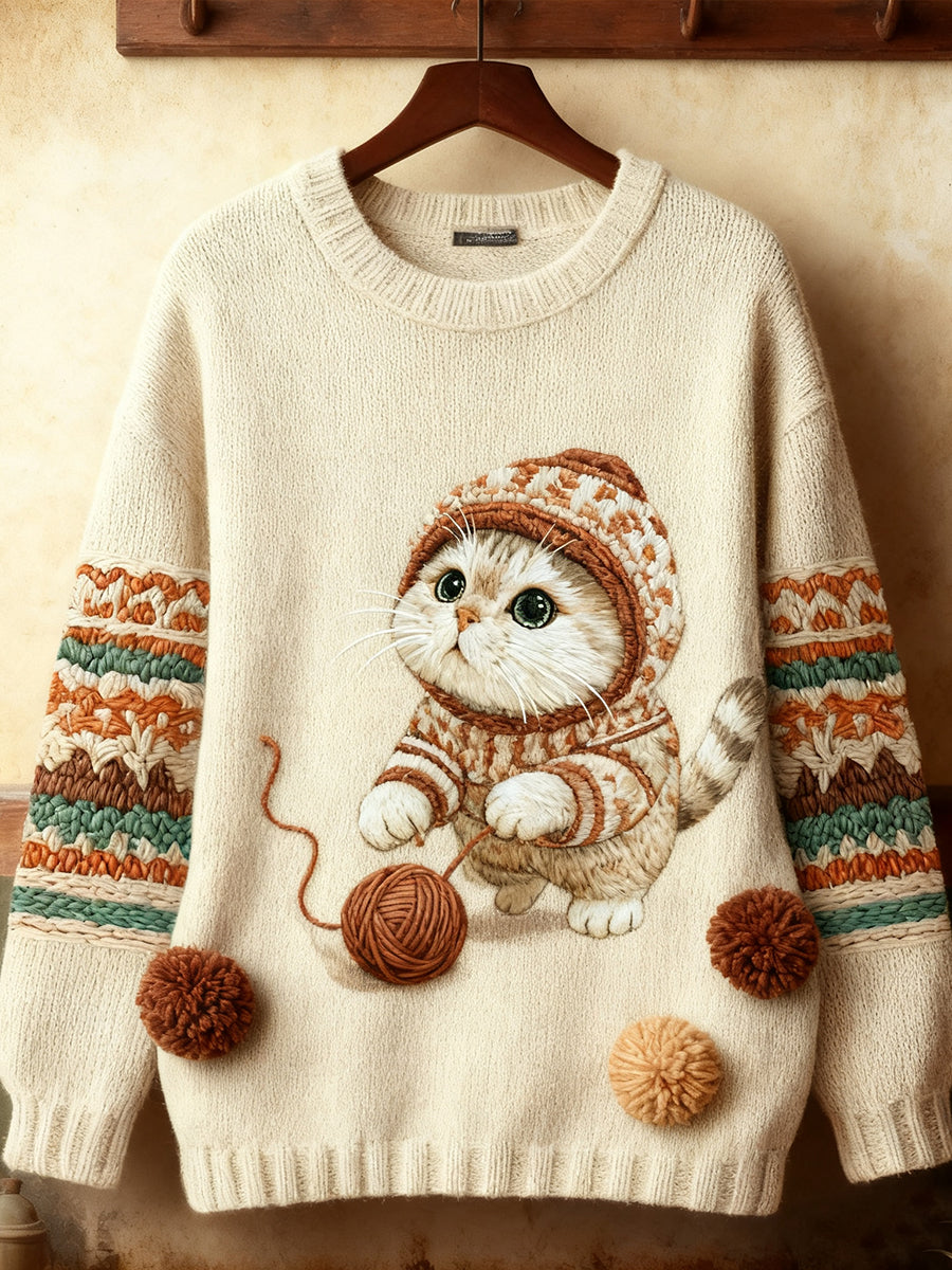 Sweat-shirt mignon d'art de chat d'hiver des femmes