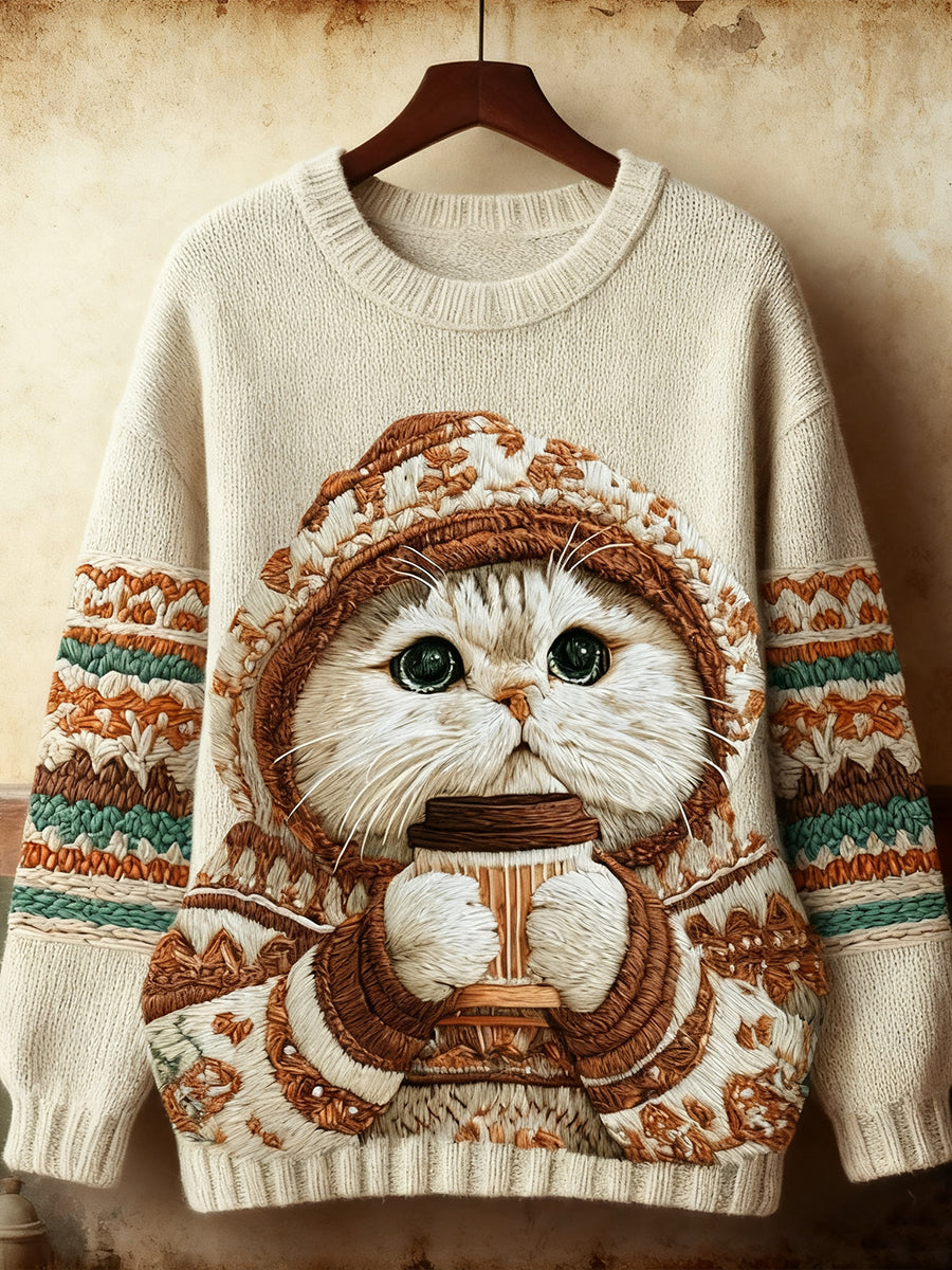 Sweat-shirt mignon d'art de chat d'hiver des femmes