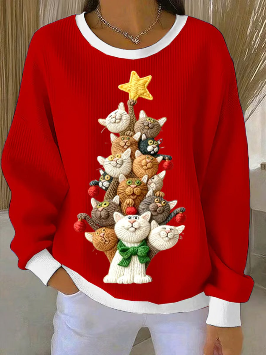Arbre de Noël des femmes mignon chat art côtelé col rond Sweatshirt