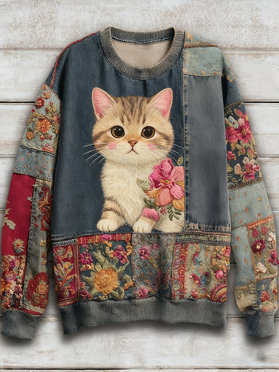 Vintage Patchwork Fleur Chat Art Imprimer Sweatshirt des femmes