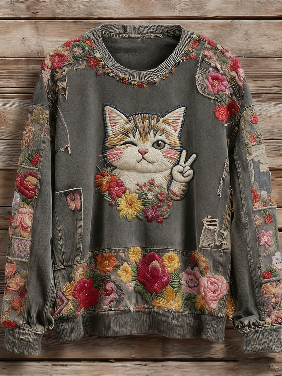 Vintage Patchwork Fleur Chat Art Imprimer Sweatshirt des femmes
