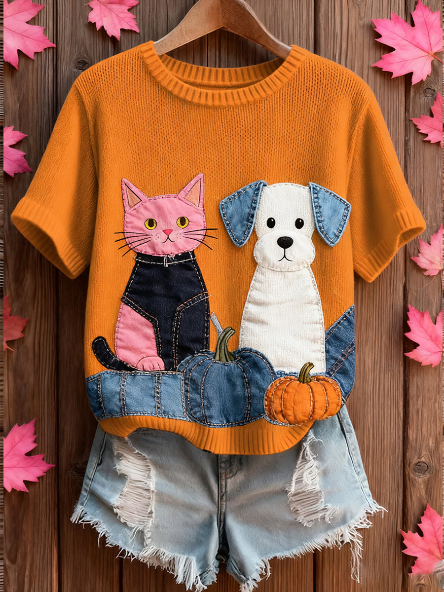 Top à manches courtes en tricot confortable imprimé animal artistique pour femmes