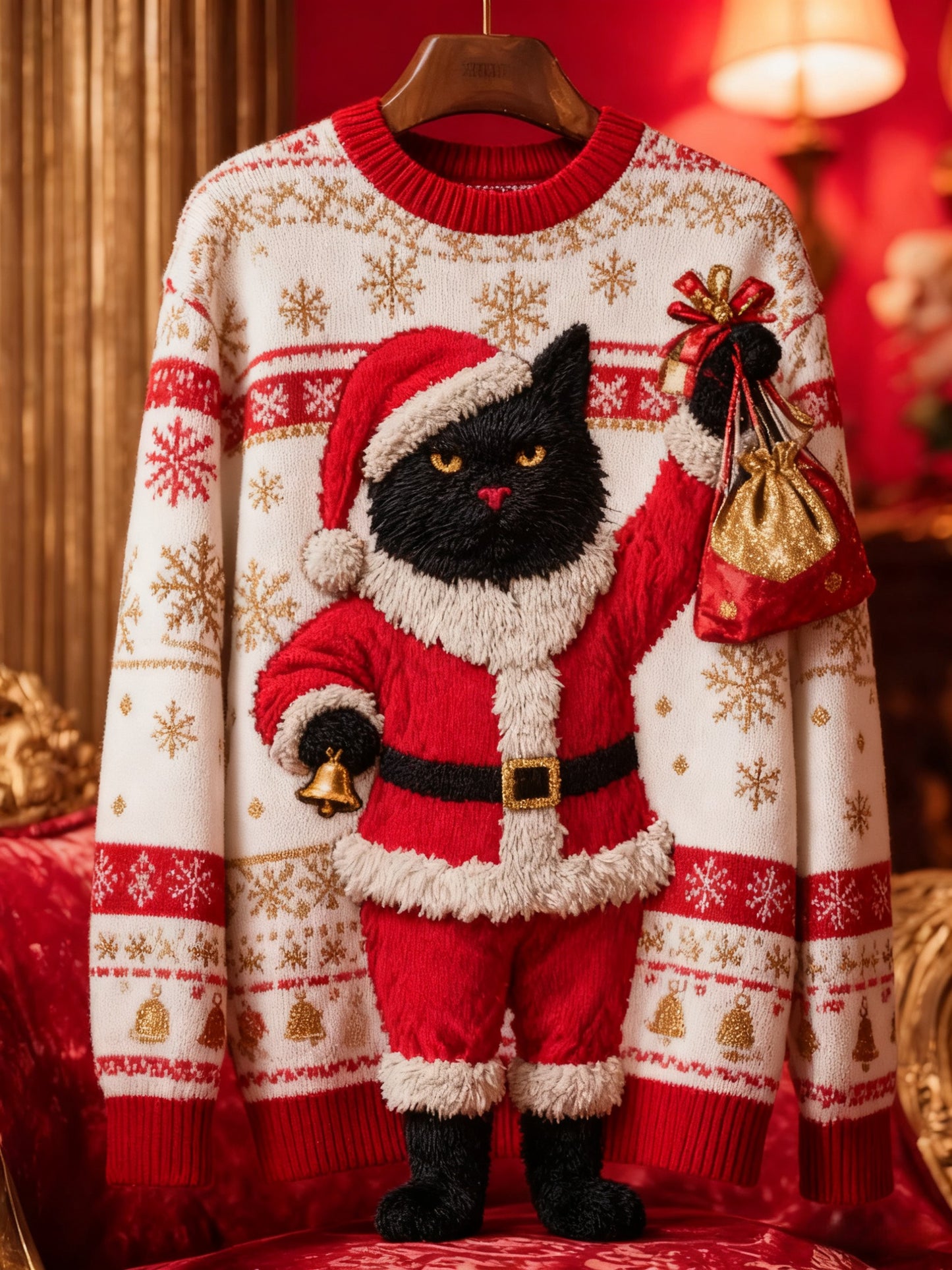 Pull en tricot vintage chat noir de Noël pour femme