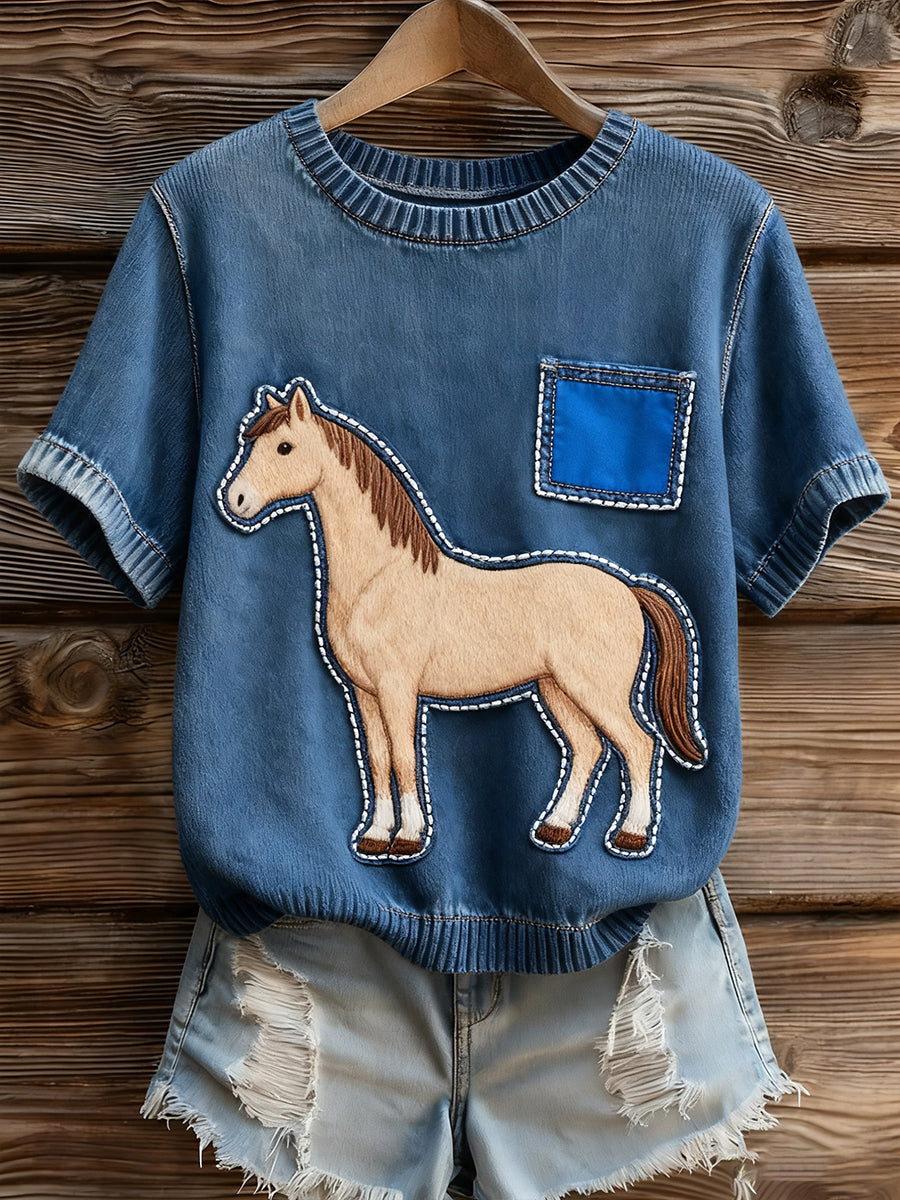 Top à manches courtes en tricot confortable imprimé animal artistique pour femmes