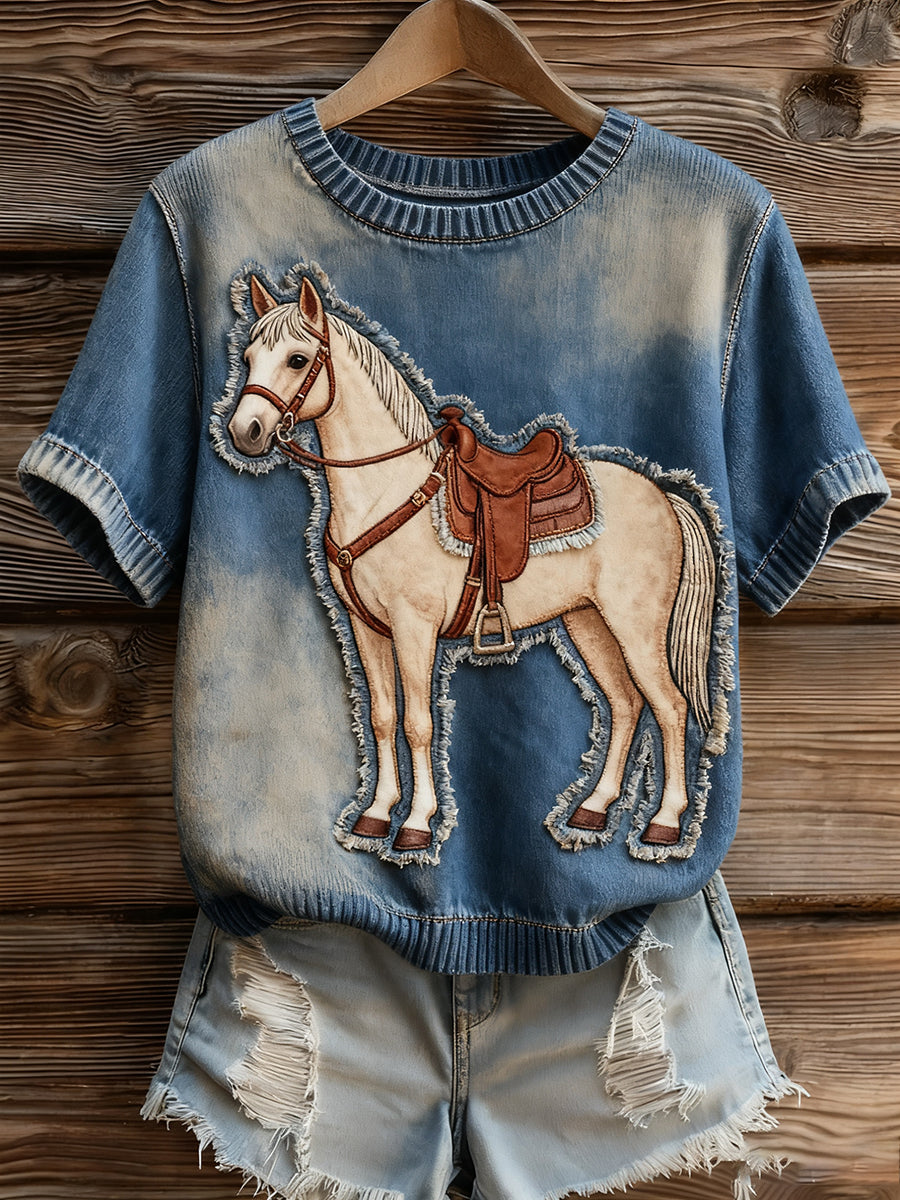 Top à manches courtes en tricot confortable imprimé animal artistique pour femmes