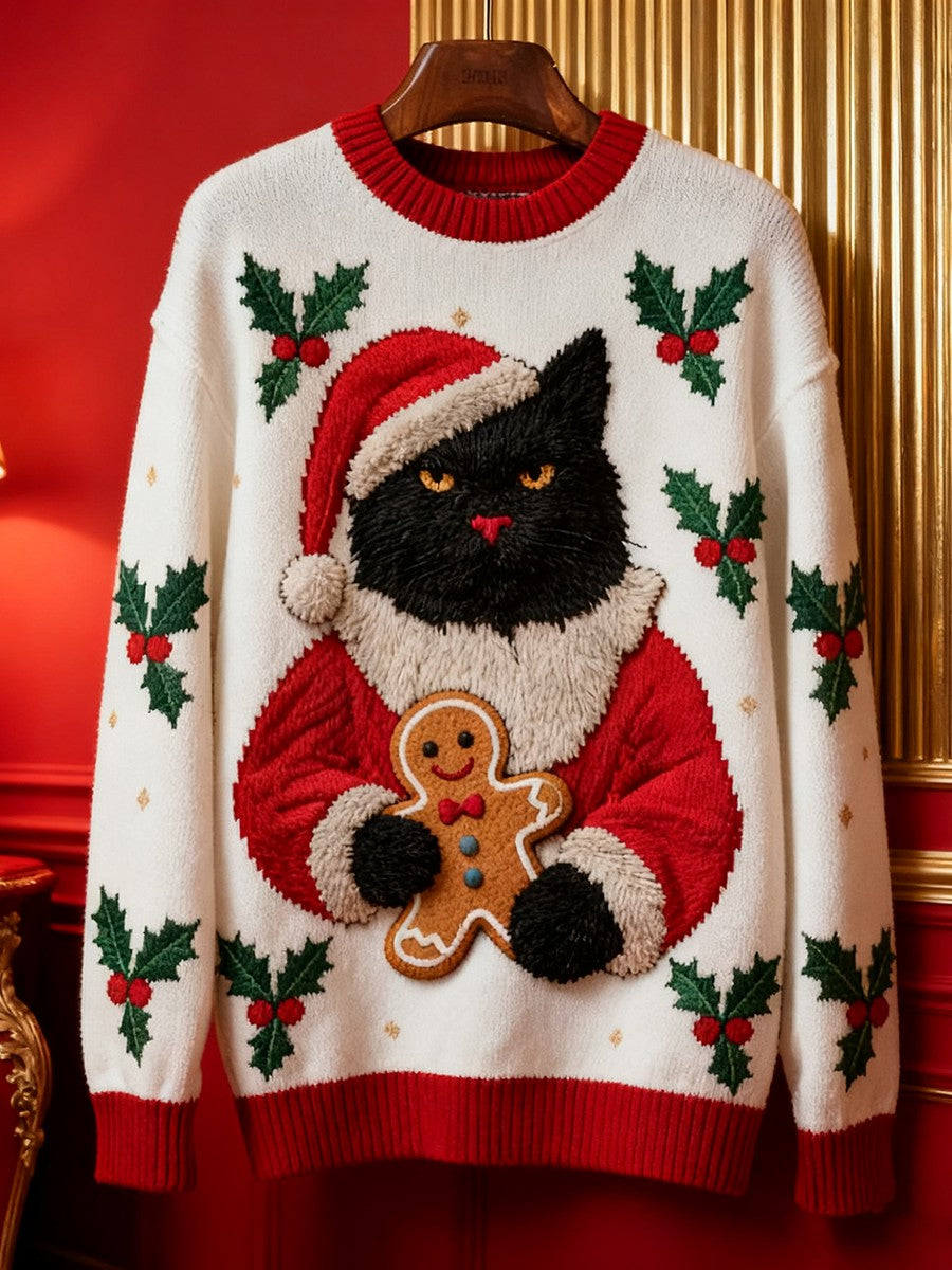 Pull en tricot vintage chat noir de Noël pour femme