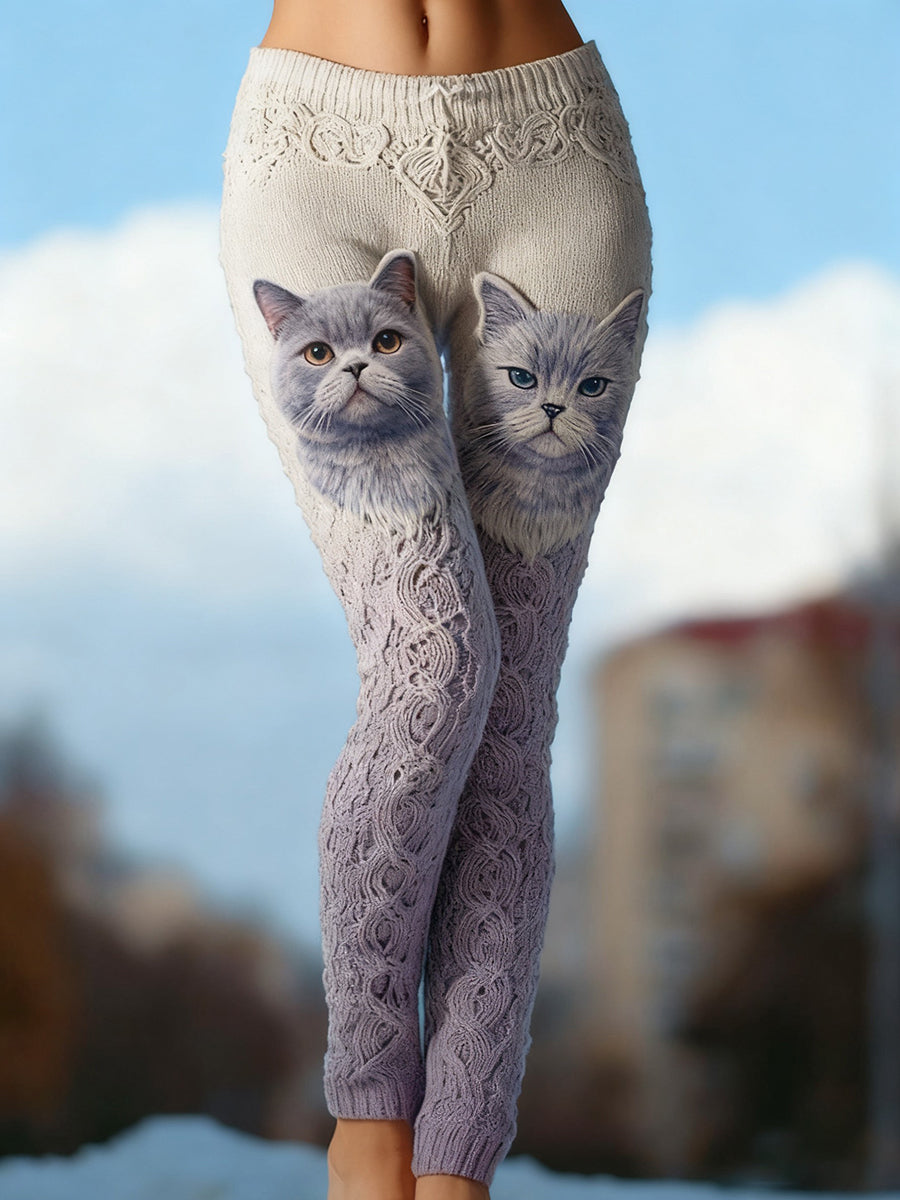 Leggings confortables en tricot d'art de chat vintage pour femmes