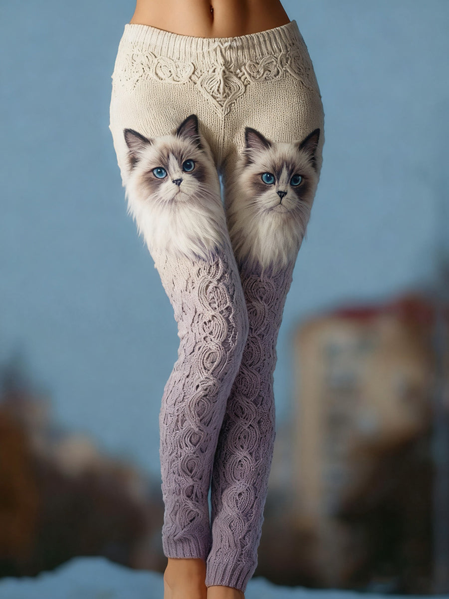 Leggings confortables en tricot d'art de chat vintage pour femmes