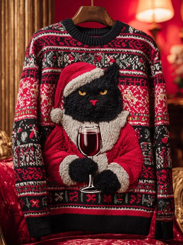 Pull en tricot vintage chat noir de Noël pour femme