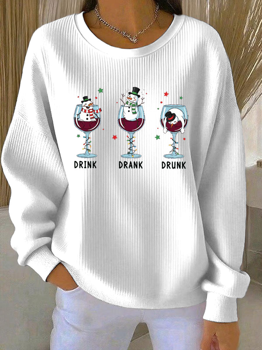 Sweat-shirt Femme Imprimé Bonhomme de Neige de Noël Côtelé Col Rond