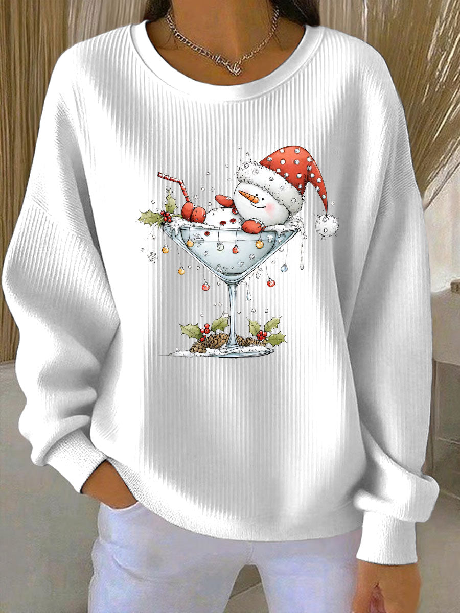Sweat-shirt Femme Imprimé Bonhomme de Neige de Noël Côtelé Col Rond