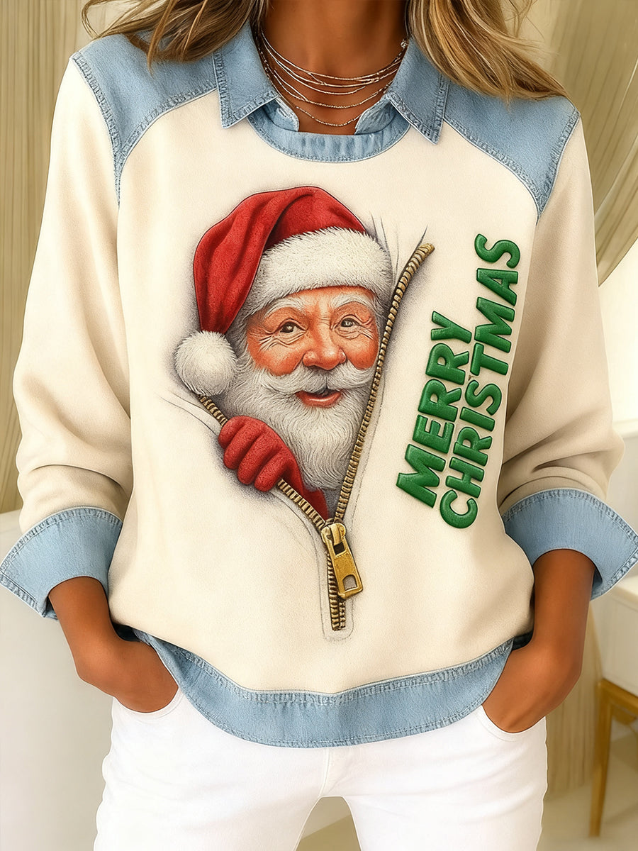Noël Père Noël Imprimer Patchwork Casual Sweatshirt Femme