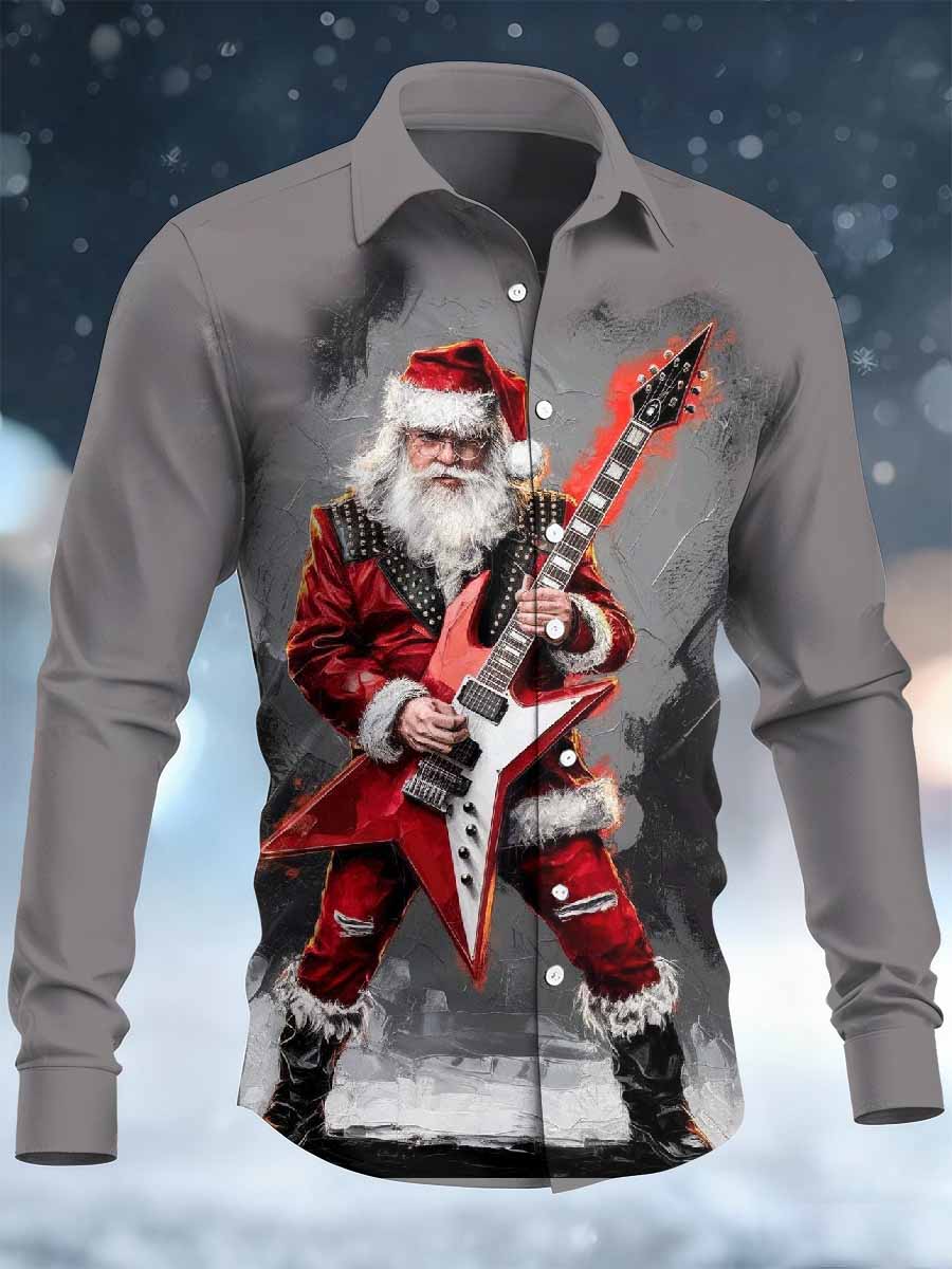 Retro Rock Christmas Santa Print Chemise décontractée à manches longues