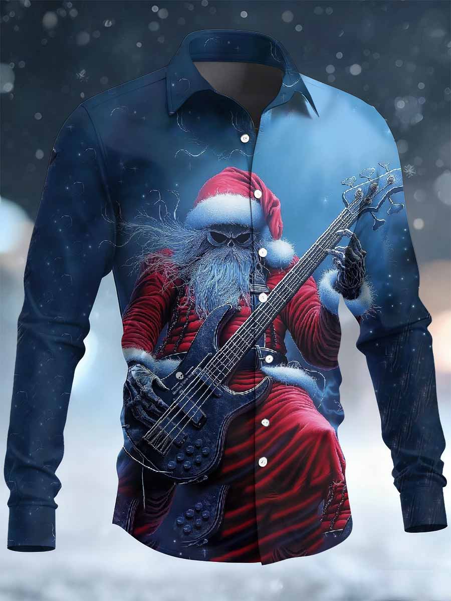 Retro Rock Christmas Santa Print Chemise décontractée à manches longues