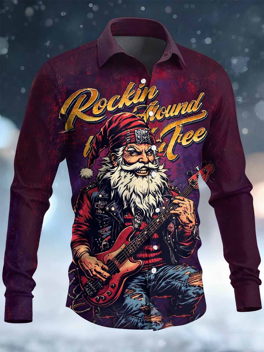 Retro Rock Christmas Santa Print Chemise décontractée à manches longues
