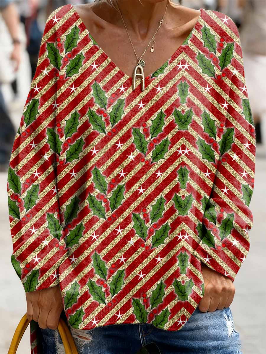 Haut Décontracté Rétro à Manches Longues Imprimé Noël