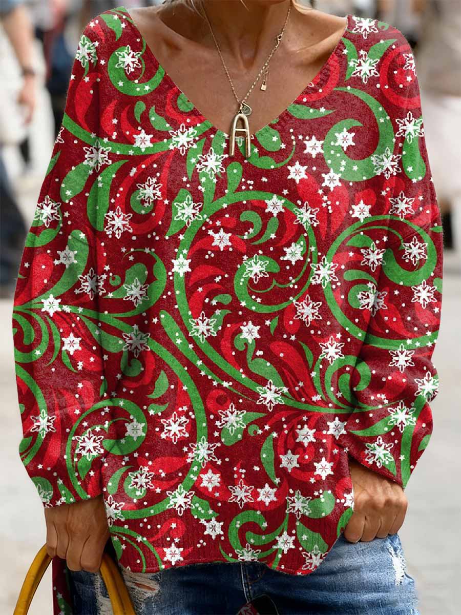 Haut Décontracté Rétro à Manches Longues Imprimé Noël
